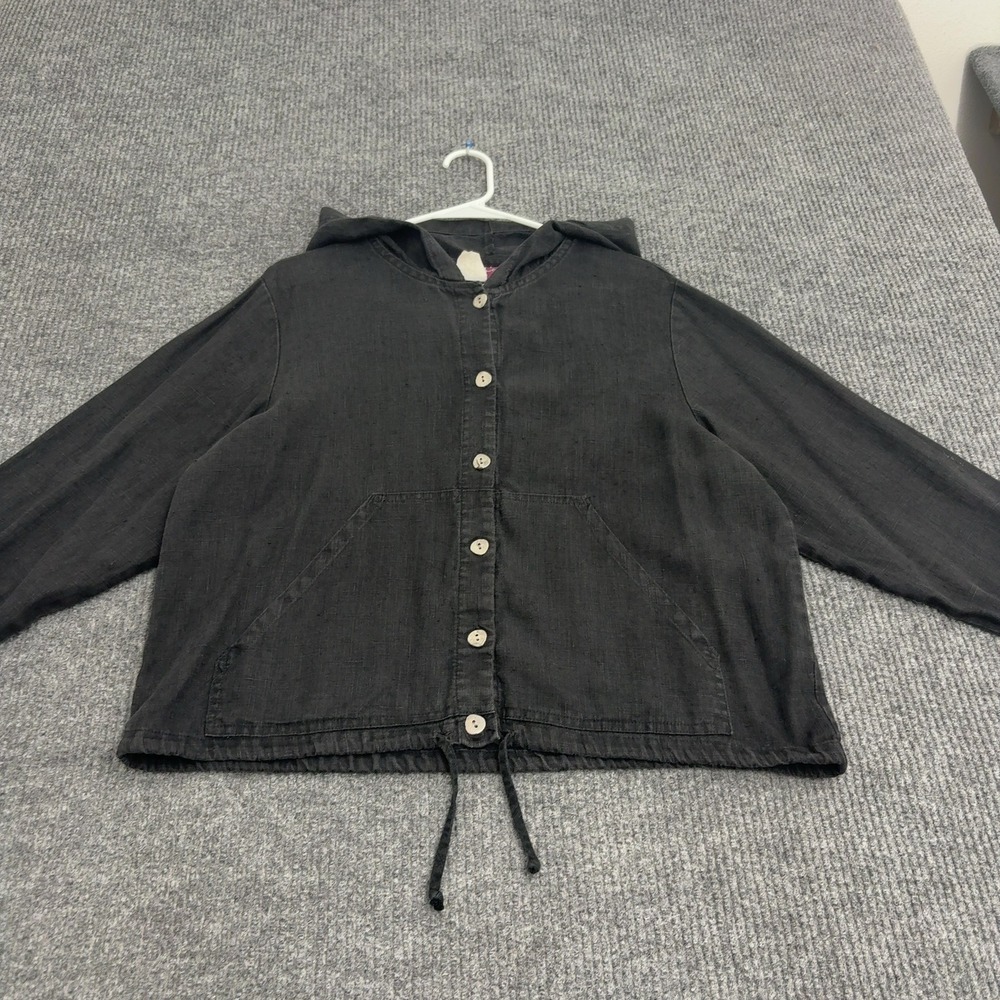 Vintage Denim & Co Jacket Womens 12 Black Linen Hooded Button Front Boho Style